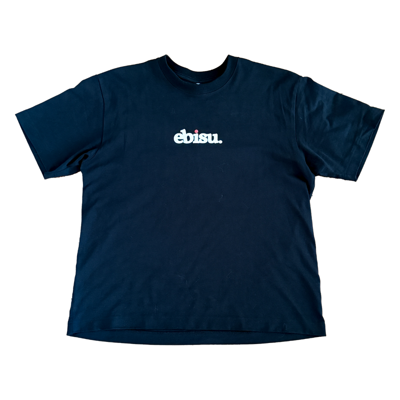 Load image into Gallery viewer, Black t-shirt with 'ebisu' logo on a white background