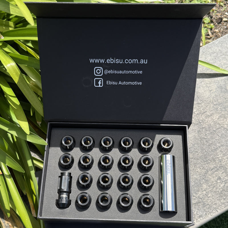 Load image into Gallery viewer, Wheel nut V3 black PVD finish in black box with ebisu branding