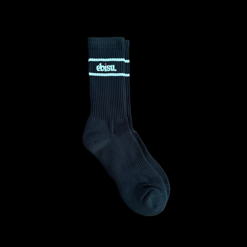 Load image into Gallery viewer, Black sock with a Ebisu logo in a band, front product view

