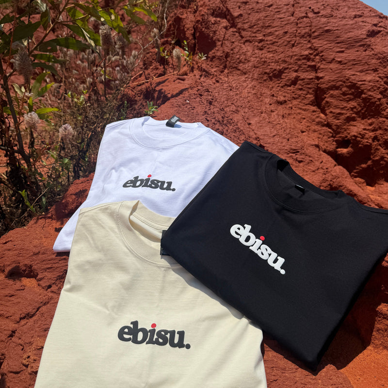 Load image into Gallery viewer, Ebisu Puff Print tshirts in white, black and eucra grouped on a red rock
