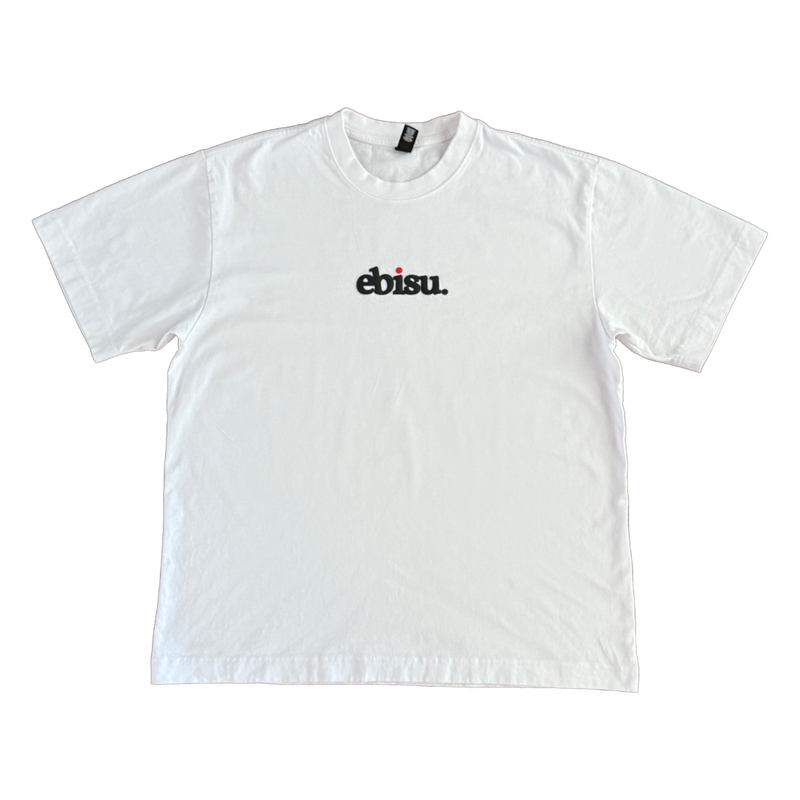 Load image into Gallery viewer, White t-shirt with &#39;ebisu&#39; logo on a white background
