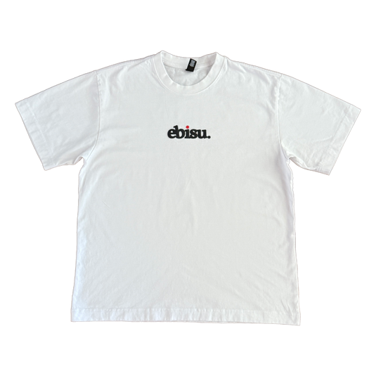 White t-shirt with 'ebisu' logo on a white background