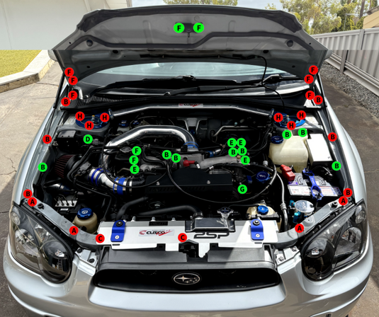 Titanium engine bay kit, GD_Kit_2, location of bolts view