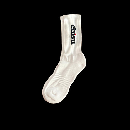White sock with 'ebisu' logo, front product view