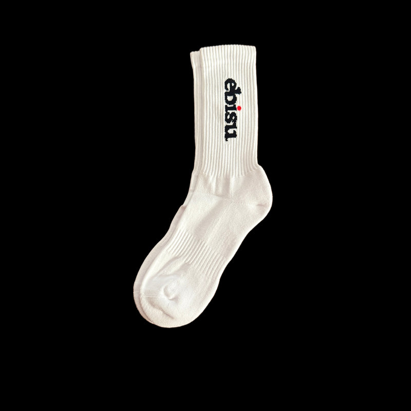 Load image into Gallery viewer, White sock with &#39;ebisu&#39; logo, front product view

